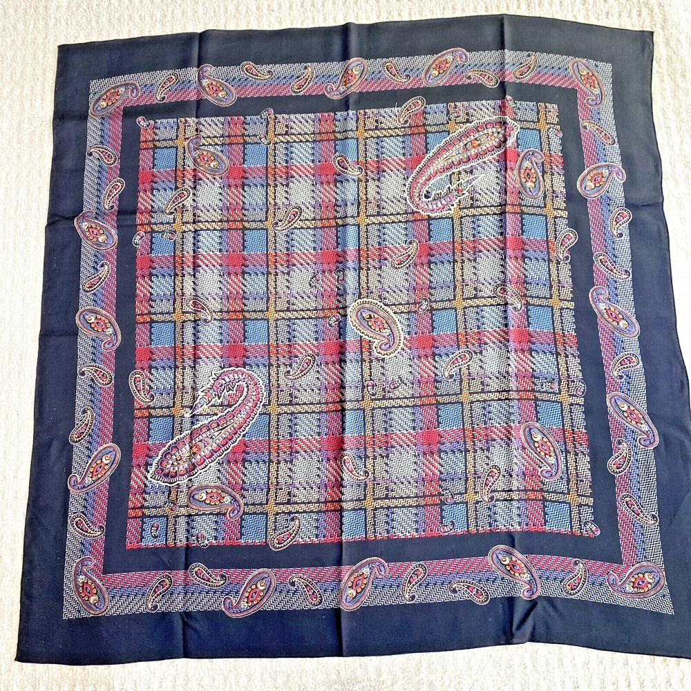 Vintage Wool Blend Scarf Wrap Black Red Purple Paisley Plaid Colorful 34” Sq